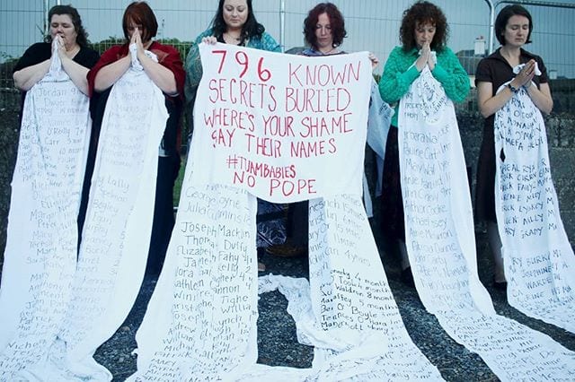 Tuam babies commemorated with sheets bearing all 796 names sewn to the site’s fences Tuam babies commemorated with sheets bearing all 796 names sewn to the site’s fences